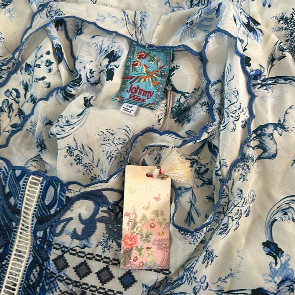 Johnny Was "Avalon Slip Dress" Blue & White Floral 100% Silk MIDI Dress XXS - Picture 12 of 14